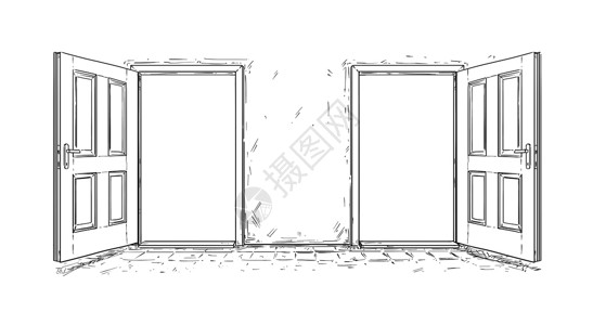 热情好客两个开放木制决定门的卡通涂鸦画两个选择或方法两个开放木制决定门的卡通画背景