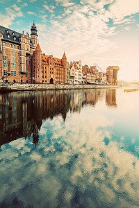 丹噶尔古城古城建筑Gdansk反映波兰莫特拉瓦河旅游Gdansk和莫特拉瓦河背景