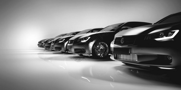 黑色轿车排成一列通用现代汽车队交通3D插图图片