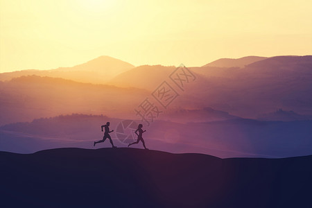 男女在日落时国内的山丘上奔跑运动生活方式3D说明图片