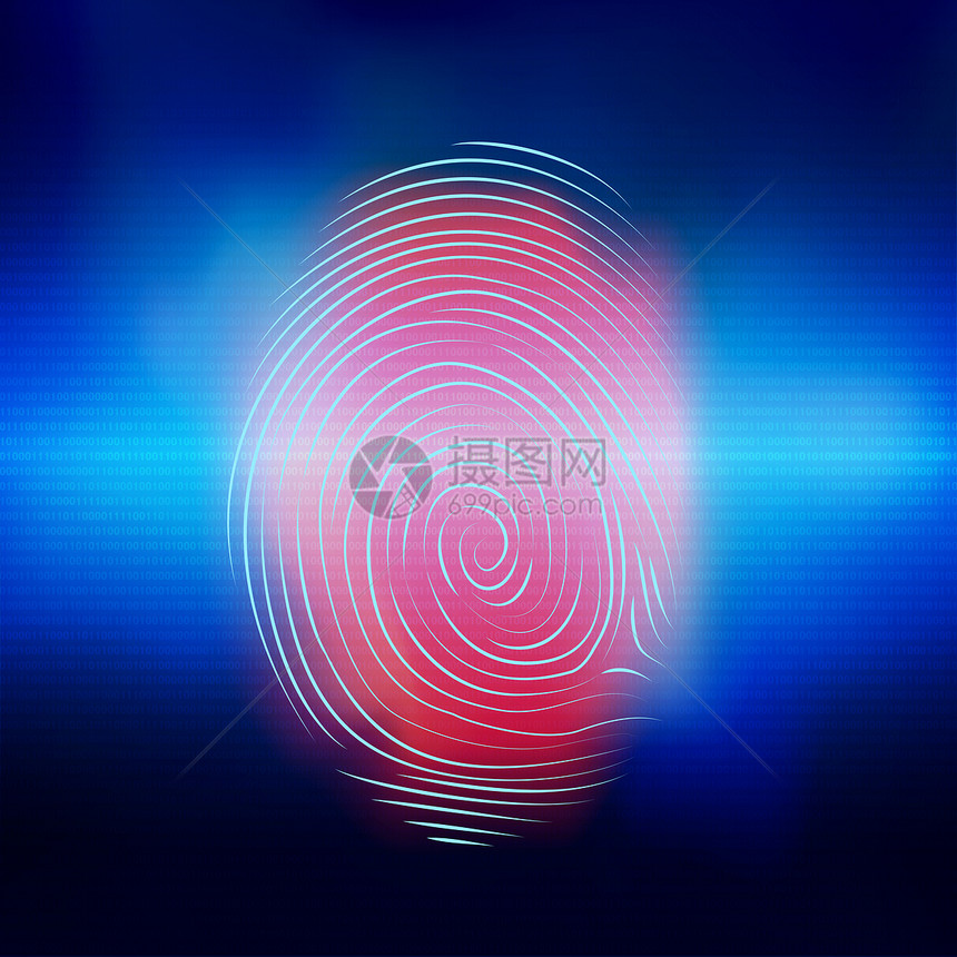 识别个人身份的生物测定电子系统蓝色背景红指纹扫描图片