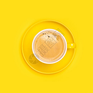 黄色咖啡杯背景平板方构成黄色背景图片