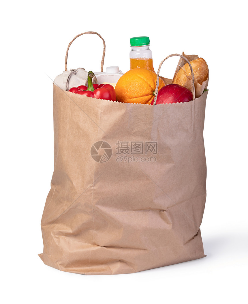 以白色背景孤立食物的杂货购袋图片