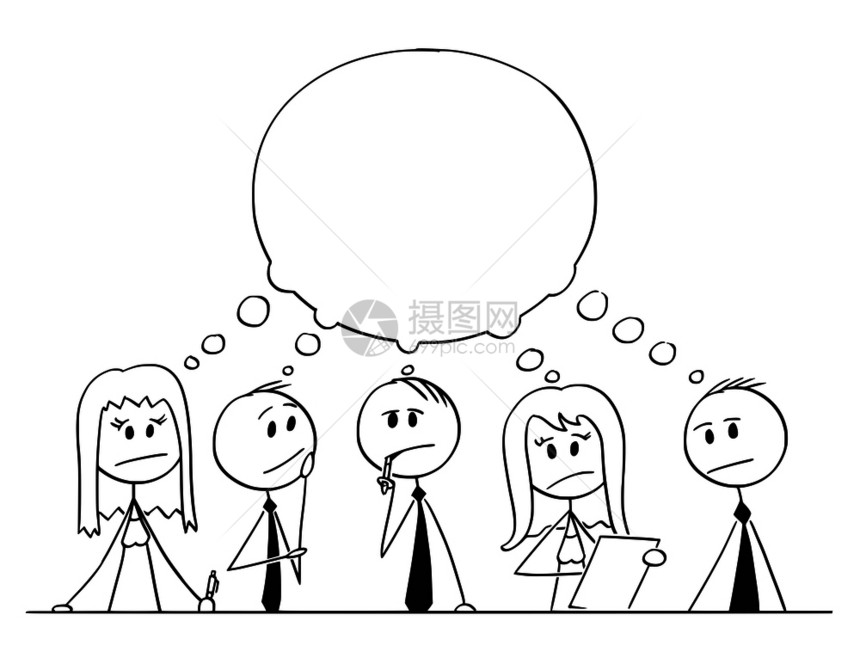 卡通棍子图绘制了一组商人和女的概念图他们集思广益考用空的语音泡沫解决问题的办法图片