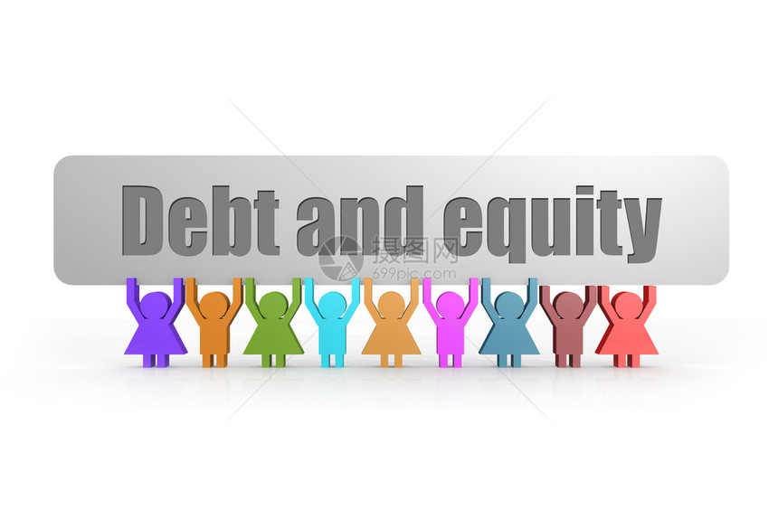 债务和股权字词由傀儡集团持有的标语3D图片