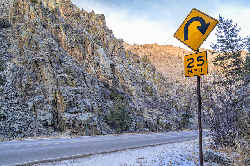 山高速公路有尖锐的转折科罗拉多北部洛基山脉的Poudr河峡谷冬季风景图片