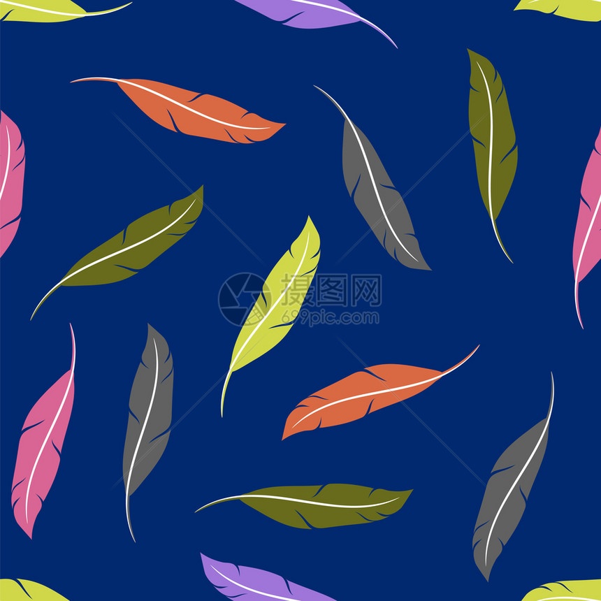 蓝色背景上孤立的多彩羽毛西尔胡埃特收藏无缝模式彩色羽毛西尔胡埃特收藏无缝模式图片