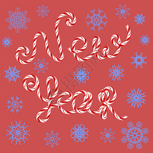 新年标志在红背景与蓝雪花隔离的新年标志在红背景上孤立图片
