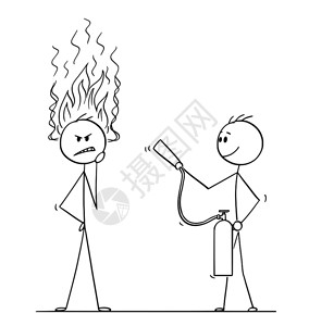我嫉妒了卡通棒图描绘了人类或商对火焰从头冒出的问题深思熟虑概念另一个持灭火器的人准备停止思考人或商用火焰思考的卡通从头冒出来另一个有火的插画