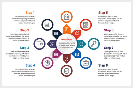 包含八个元素的圆形信息图模板可用作进程图步骤选项矢量eps10插图图片