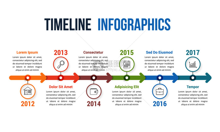 带有箭头工作流程或图矢量eps10插图的横向时间线信息图模板图片