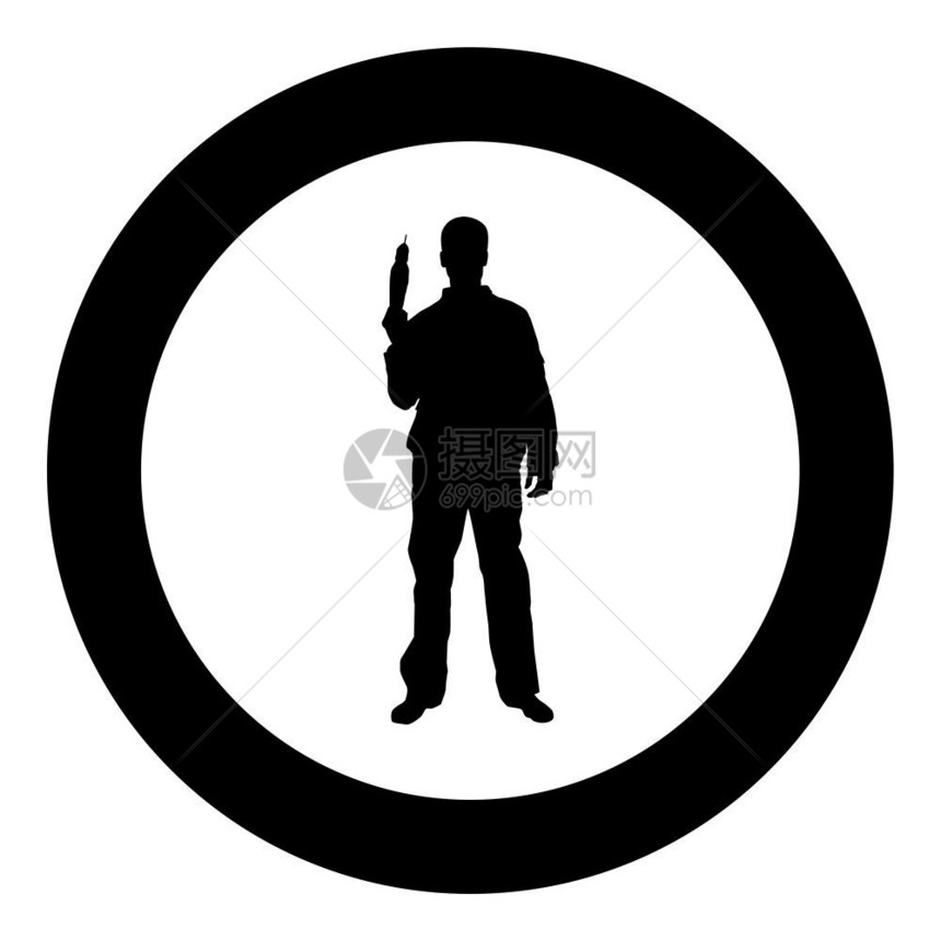 在圆圈中站着拿着工具的男人矢量图标图片