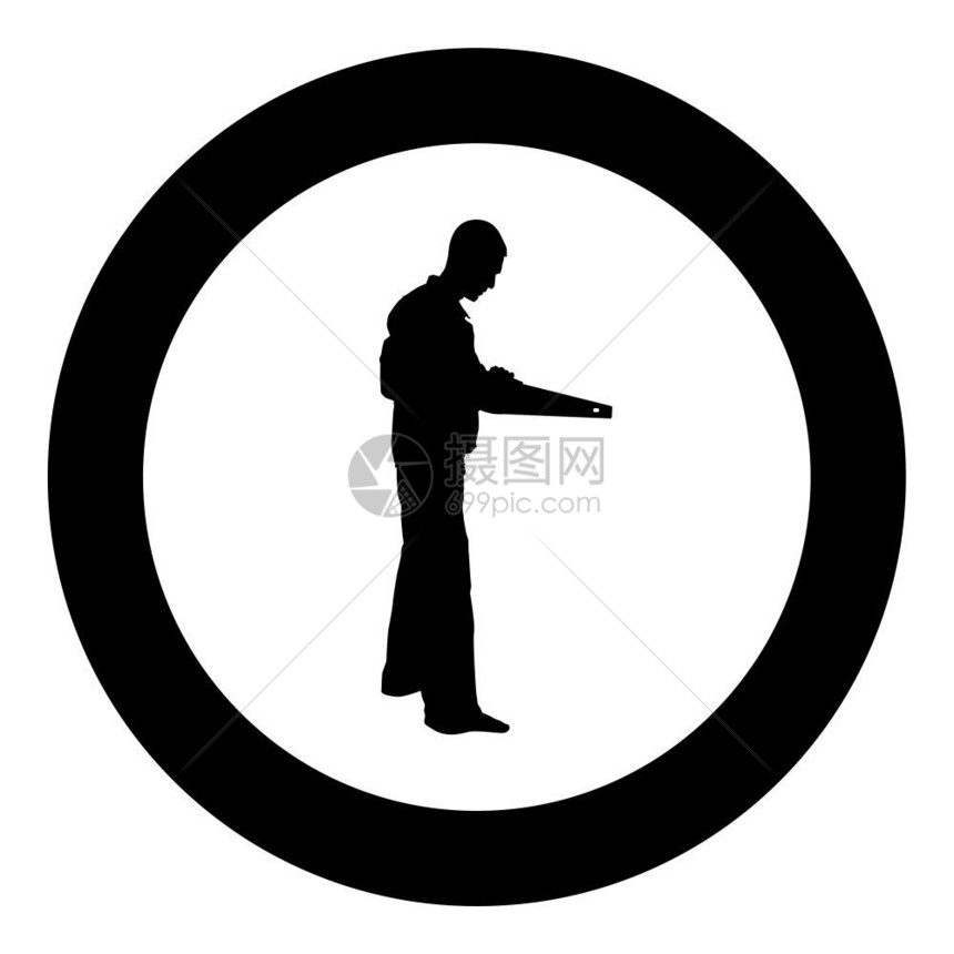 在圆圈中站着拿着工具的男人矢量图标图片