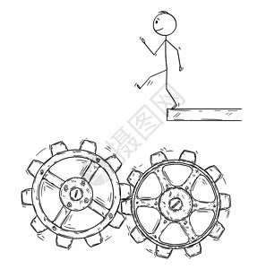 卡通棍子图描绘了男人或商无艺术行走和跌落到机器科格轮上的概念图图片