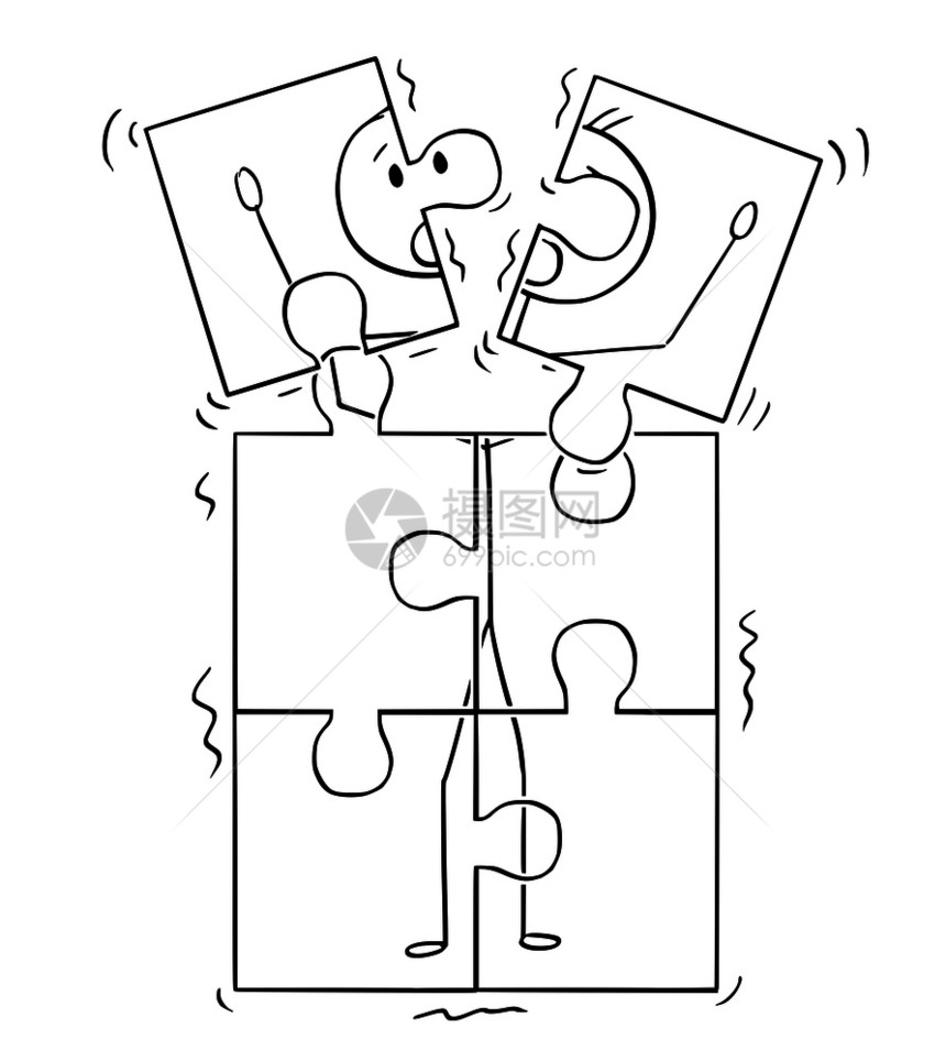 卡通棍子图绘制人类在拼图中被搭配的形象概念插图痴呆和心理健康的概念Jigsaw拼图中的人被搭配图象Jigsaw拼图片中的人被搭配图片