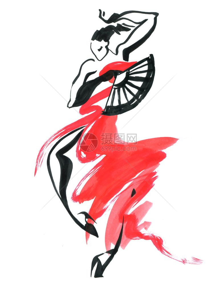 Flamenco美丽的舞女水彩拉丁墨水手绘画插图图片