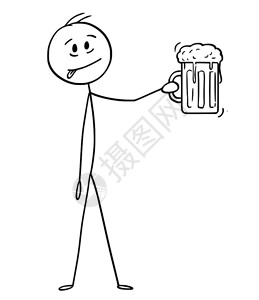 卡通啤酒杯卡通棍子图解人们拿着玻璃半薄啤酒杯或品脱品脱的人概念说明插画