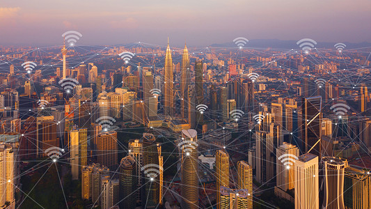 数字网络连接线和与马来西亚吉隆坡市下的Wifi图标马来西亚吉隆坡图片