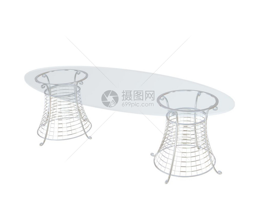 清晰的玻璃奥瓦尔餐桌有金属基底的3D矢量说明图片