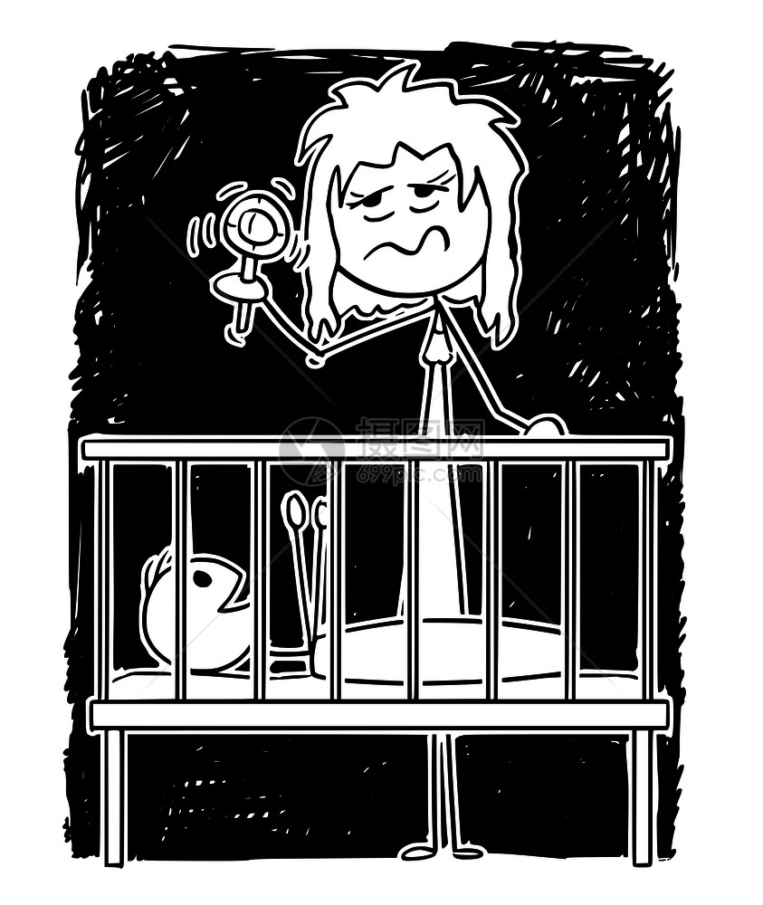 卡通棍子图描绘的疲累父母或亲在夜间与响尾蛇一起在床上娱乐婴儿的概念插图图片