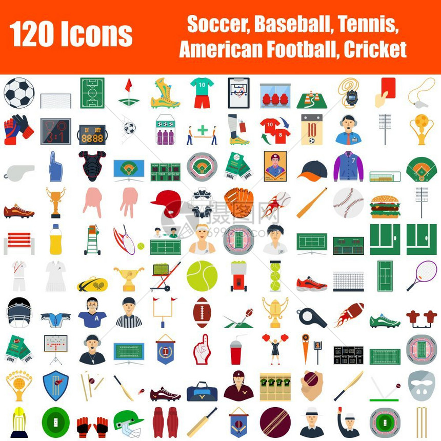120个图标组足球美国网板主题彩色平板设计矢量I说明图片