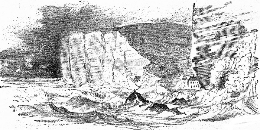 英国海峡沿岸的悬崖被海浪摧毁由自然创造和人类所雕刻的古老插图图片