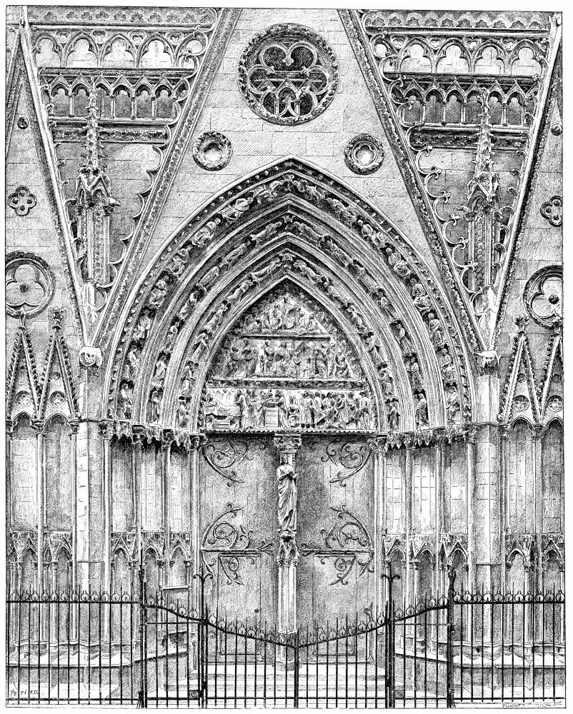 NotreDame合唱团的外部木工刻有古老的插图巴黎AugusteVITU1890年图片