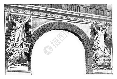古典风格的石雕符号塑位于法国巴黎的卡鲁塞尔桥拱角雕刻古老的图片