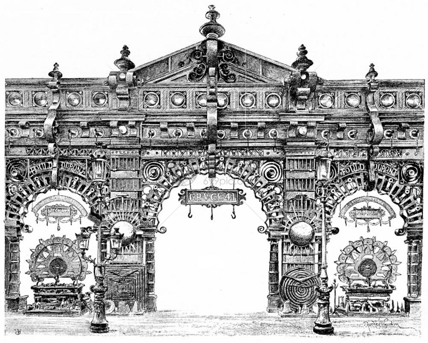 中央画廊冶金的装饰门古老的雕刻插图巴黎AugusteVITU1890年图片