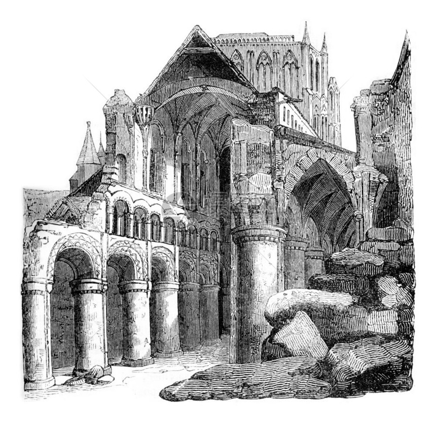 赫里福德大教堂的废墟建于约翰莱克兰JohnLackland之下刻有古老的插图1837年英国丰富多彩的历史图片