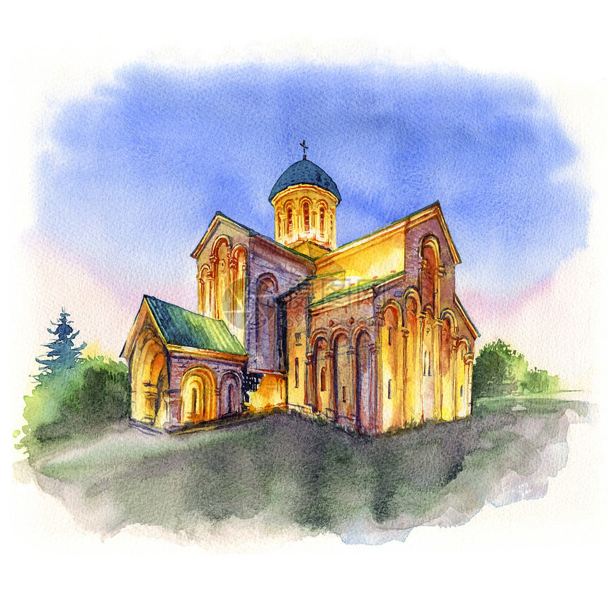 格鲁吉亚伊梅雷蒂省库塔西省大教堂的水彩色草图该大教堂在晚上蓝色时间更名为巴格拉蒂大教堂鲁吉亚伊梅雷蒂省库塔西巴格拉蒂大教堂图片