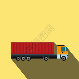 黄色背景的码头的集装箱卡车平面图片
