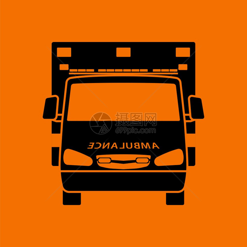 救护车图标前视橙色背景上的黑矢量插图图片