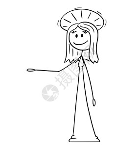 卡通棍子图画描绘一个有光环的圣女概念插图正在提供展示或指着某种东西图片