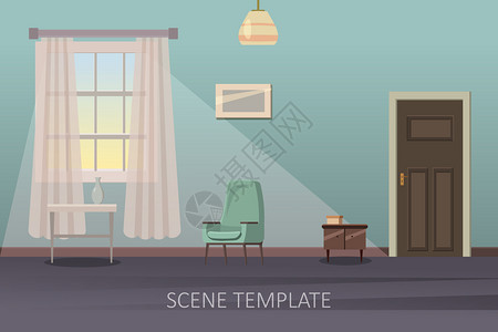 家具手机端模板带有家具的客厅室内家具平式矢量插图有家具的客厅室内插图动画模板场景孤立插画