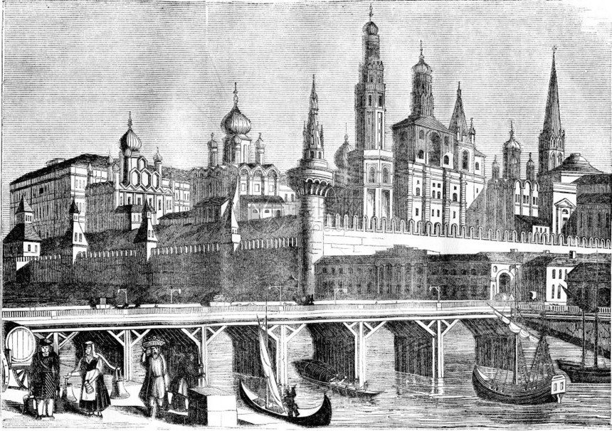 克里姆林宫和莫斯科木桥的景象1836年马加辛皮托雷斯克古老的雕刻插图图片