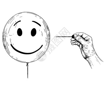 卡通画用针头或刺人脸的气球和代表个心理健康的手画概念说明插画用针头或Pin插画用人脸的气球或画用针头Pin插画用人脸的气球背景图片