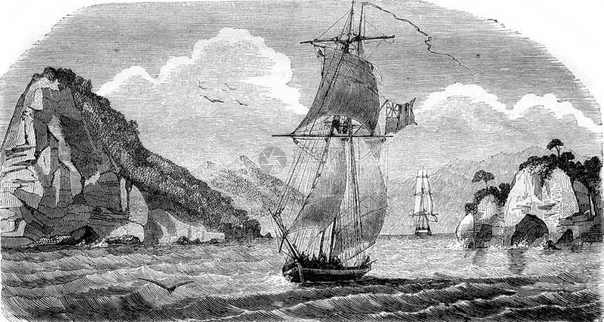新西兰Akaroa湾入境1843年MagasinPittoresque古典雕刻的插图1843年图片