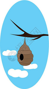 接天连叶棕色蜜蜂在蓝的天空中挂在树枝上面有3个云层矢量彩色图画或插插画