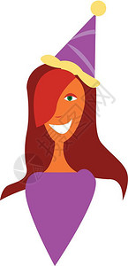 一位快乐的女士戴着紫色的生日帽子紫色的衬衫漫画矢量彩色或插图图片