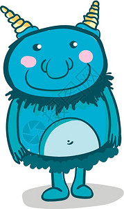 蓝色快乐的怪物有两个角和粉红脸颊卡通矢量彩色画或插图背景图片
