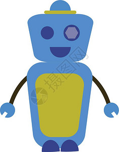 蓝色快乐的机器人黄肚子蓝帽漫画矢量彩色或插图图片