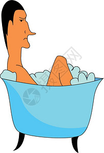 蓝浴缸里有泡卡通矢量彩色绘画或插图的男孩背景图片
