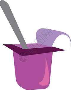 勺子酸奶紫酸奶盒和汤匙在里面矢量颜色图画或插插画