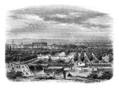 尼姆斯市的景象摘自奥古斯都浴缸花园1846年的马加辛皮托雷斯克图片