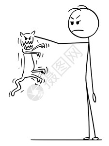 卡通棍子图勾画男人手握着愤怒和凶猛的猫想咬他和抓图片