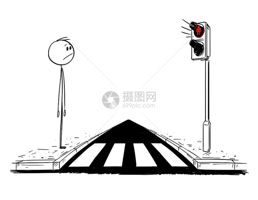 卡通棍图描绘在十字路口或行人交叉等待灯绿的人概念图红灯开着图片