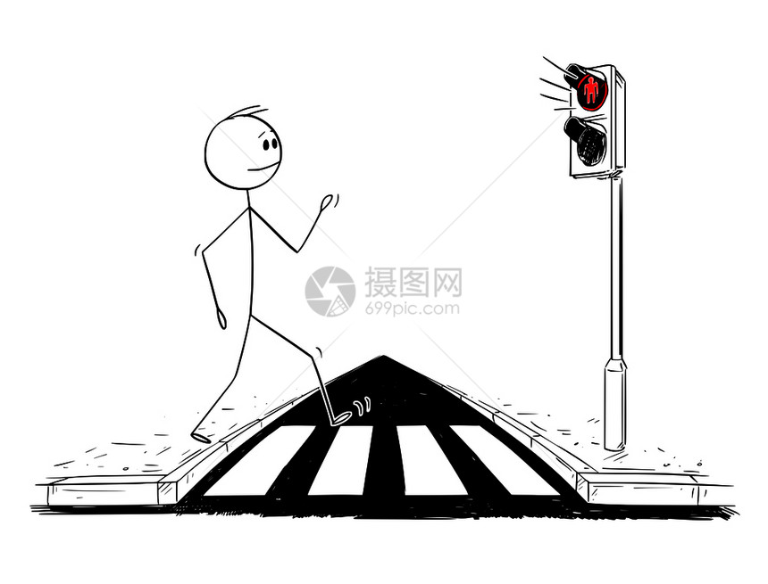 卡通棍子图描绘一个人在十字路口或行人交叉上走而无视红灯照在路上的概念图图片