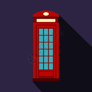 忧郁红色紫罗兰英国红电话亭图标以紫背景平板风格显示英国红电话亭图标平板风格插画