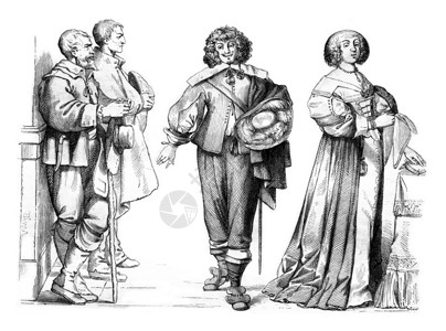 1635年穿全套制服的妇女1635年的绅士农民1857年的MagasinPittoresque背景图片
